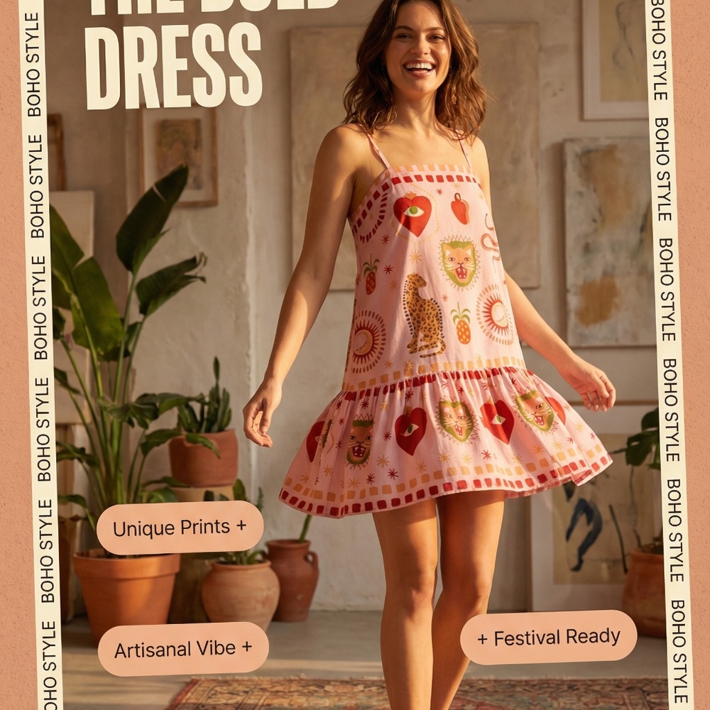 NWT Women’s Boho Print Pink Mini Dress - Picture 3 of 12